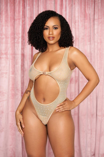 Nude Sand Rhinestone Mesh Tank Front Snap Bodysuit